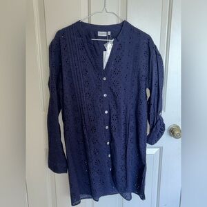 Dotti Navy Eyelet Button up Women’s Swim Coverup. Sz L NWT